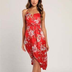 Lulus Red Floral Print Midi Dress size SMALL
